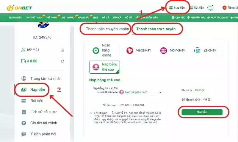 Nhấn chọn nút nạp tiền tại giao diện Onbet